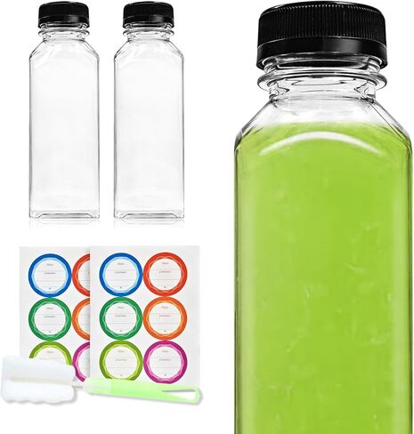12 قطعة من زجاجات العصير البلاستيكية سعة 16 أونصة مع غطاء، حاويات عصير شفافة للاستعمال مرة واحدة مع أغطية ملصقات وفرشاة قمع من السيليكون، زجاجات فارغة قابلة لإعادة الاستخدام لشرب العصائر والمشروبات المخفوقة بالقهوة المثلجة in Kuwait