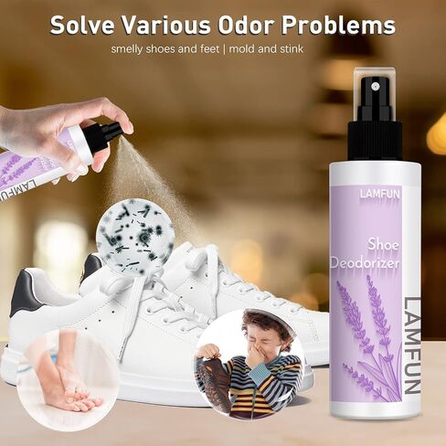 Shoe Odor Eliminator, Lamfun Deodorant Spray for Stinky Sneakers or Smelly Feet, Natural Shoe Deodorizer and Foot Deodorant Fight All Odors, Lavender, 150ml in Saudi Arabia