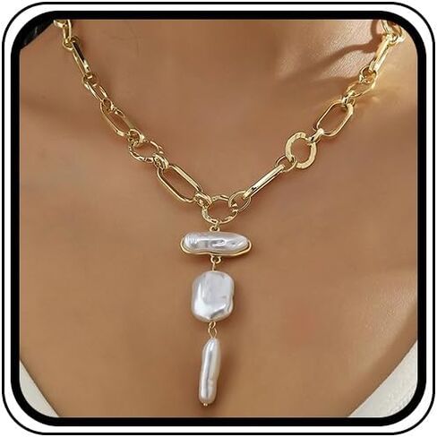 Chunky Gold Pearl Statement Choker Necklace Boho Baroque Pearls Irregular Y Pendant Necklaces for Women Fashion Y2k Geometric Jewelry Link Chain Accessories in Kuwait