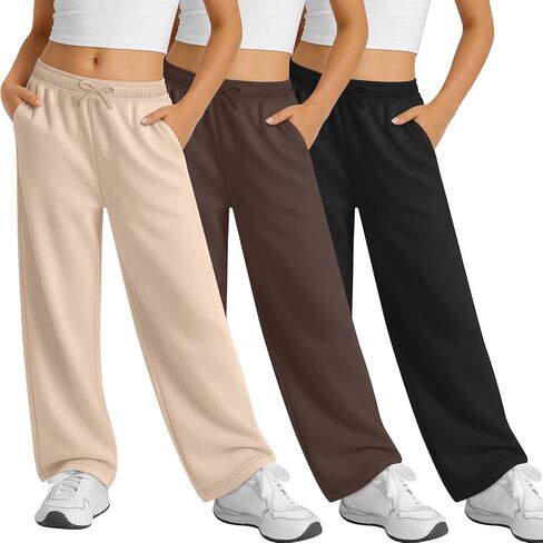 3 Pack Girls Sweatpants Elastic Waist Wide Leg Pants with Bow Kids Casual Loose Joggers with Pockets 5-14 Years in Saudi Arabia