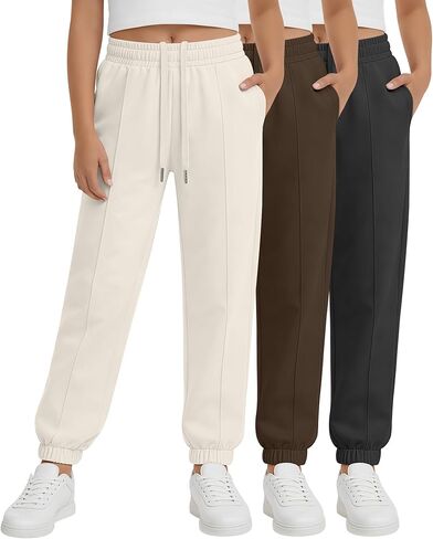 3 Pack Girl's Sweatpants Joggers Athletic Pants Baggy Drawstring Elastic Waist Pants with Front Seam and Pockets in Saudi Arabia