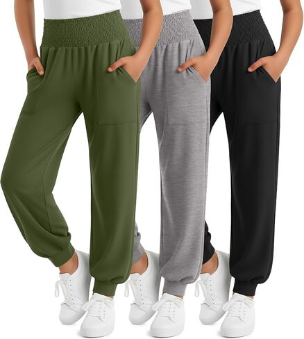 3 Pack Girls Sweatpants Lightweight Teens Baggy Joggers Smocked Waistband Casual Pants with Pockets for 5-14y in Kuwait