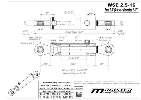 Magister Hydraulics Double Acting Hydraulic Cylinder – Universal 2" Bore 8" Stroke, Swivel Eye (2x8) in Kuwait