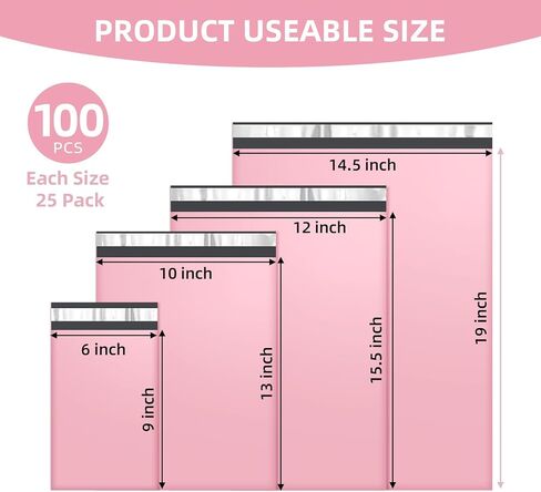 Famagic Poly Mailers متعددة الحجم 6 × 9 بوصة 10 × 13 بوصة 12 × 15.5 بوصة 14.5 × 19 بوصة 100 حزمة (25 لكل حجم) أكياس الشحن مغلفات وردية ذاتية الغلق حقيبة بريدية متنوعة الحجم مقاومة للماء وأكياس التعبئة والتغليف المقاومة للتمزق in Kuwait