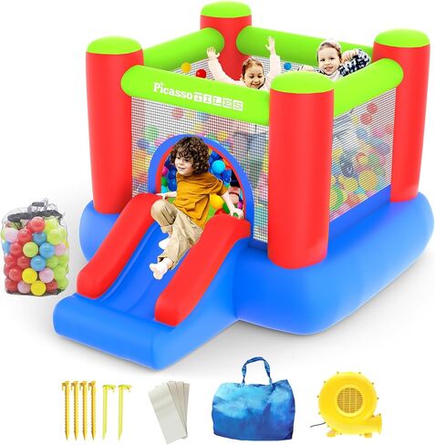 PicassoTiles KC108 Water Slide Park Inflatable Bouncing House w/Pool Area (Splash Zone), Climbing Wall, Shower Head Sprays Mounts, Water Cannon Mount and Heavy Duty GFCI ETL Certified 385W Blower in Kuwait