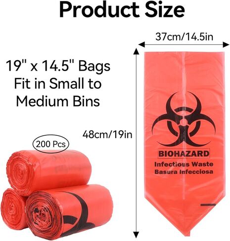 Klmnop 200 Pack Biohazard Waste Bags, 3 Gallon 14.57 x 18.9in Heavy-Duty Red Trash Bag, Medical-Grade Biohazard Waste Disposal Bags for Safety Waste Disposal(Red) in Saudi Arabia