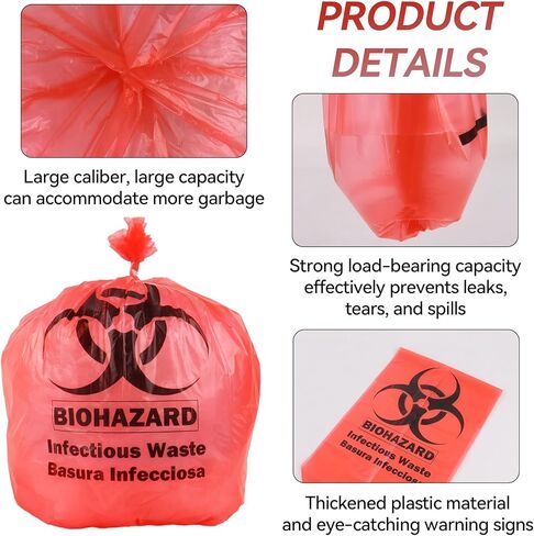 Klmnop 200 Pack Biohazard Waste Bags, 3 Gallon 14.57 x 18.9in Heavy-Duty Red Trash Bag, Medical-Grade Biohazard Waste Disposal Bags for Safety Waste Disposal(Red) in Saudi Arabia