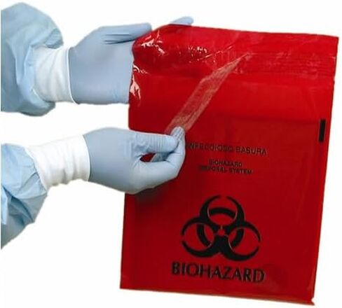أكياس نفايات بيولوجية 100/Bx مقاس 6 × 6 بوصة يمكن التخلص منها من البلاستيك الأحمر البلاستيكي ذاتي اللصق أكياس نفايات بيولوجية in Saudi Arabia