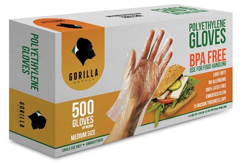 قفازات GORILLA SUPPLY 500 خالية من مادة BPA للاستعمال مرة واحدة من بلاستيك بولي PE LDPE للمطبخ والتعامل مع الطعام وإعداد الطعام وخالية من اللاتكس والبودرة (500 قطعة، كبيرة) in Saudi Arabia