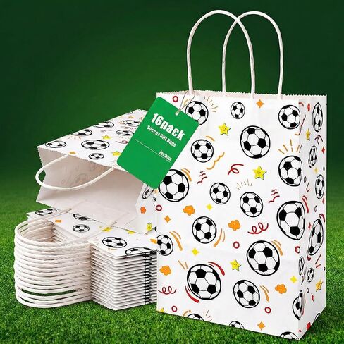 Shindel 16PCS Soccer Gift Bags, Paper Bags with Handles Soccer Goodie Bags Soccer Party Favor Bags Treat Candy Bags for Kids Birthday Gift Giving in Kuwait