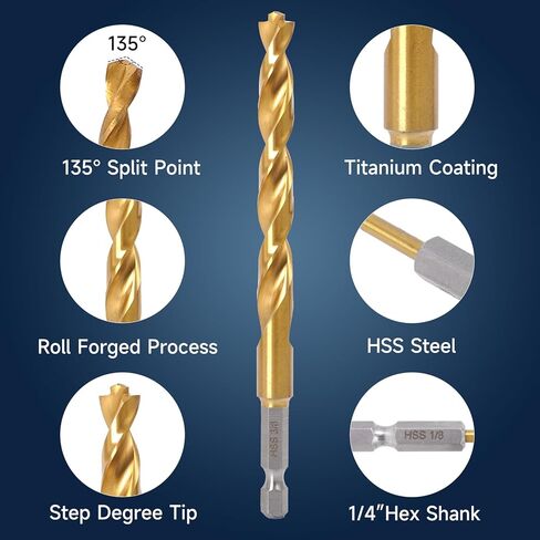 9pcs 1/8" Hex Shank Drill Bit Set, 135° Split & Stepped Point, TiN Coated HSS, 1/4" Quick-Change Bits in Saudi Arabia