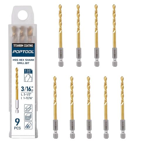 9pcs 1/8" Hex Shank Drill Bit Set, 135° Split & Stepped Point, TiN Coated HSS, 1/4" Quick-Change Bits in Saudi Arabia
