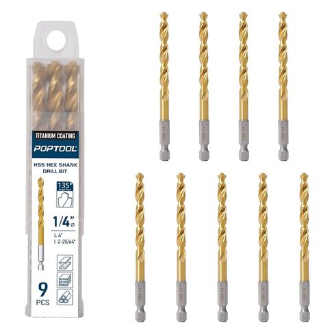 9pcs 1/8" Hex Shank Drill Bit Set, 135° Split & Stepped Point, TiN Coated HSS, 1/4" Quick-Change Bits in Saudi Arabia