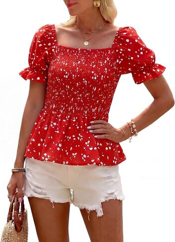 Womens Puff Short Sleeve Babydoll Tops Floral Summer Peplum Blouse Smocked Square Neck Loose Fit Ruffle Dressy Tee Shirts in Kuwait
