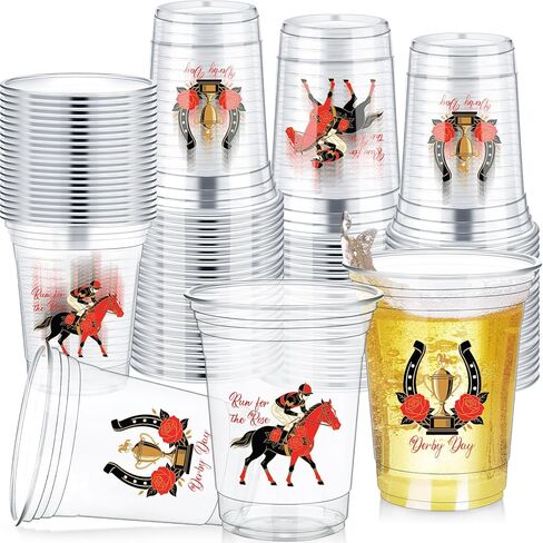 Havawish 48 PCS Derby Plastic Cups Bulk 12 Oz Derby Day Tumplers Tumplers Clear Congs Compable Coups for Mint Julep Derby Party Party Gift to Lover of Horse Racing in Kuwait