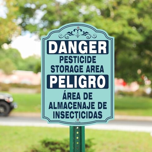 منطقة تخزين المبيدات الحشرية الخطرة، منطقة Peligro Área De Almacenaje De Insecticidas، علامات ثنائية اللغة، 14 × 10 بوصة، معدنية عاكسة، متينة من الألومنيوم المقاوم للطقس، سهلة التركيب في الهواء الطلق، عبوة من قطعتين in Kuwait