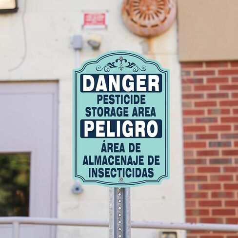 منطقة تخزين المبيدات الحشرية الخطرة، منطقة Peligro Área De Almacenaje De Insecticidas، علامات ثنائية اللغة، 14 × 10 بوصة، معدنية عاكسة، متينة من الألومنيوم المقاوم للطقس، سهلة التركيب في الهواء الطلق، عبوة من قطعتين in Kuwait