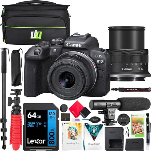 Canon 5331C009 EOS R10 Mirrorless APS-C كاميرا مع RF-S 18-45 مم F4.5-6.3 هي حزمة عدسة STM مع حزمة حماية محسنة لمدة 3 سنوات in Kuwait
