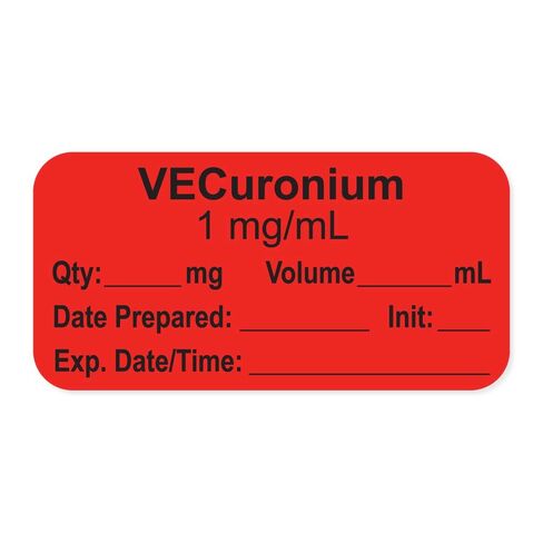 PDC Healthcare LAN-2-103D1 "VECuronium 1 mg/mL" Permanent Anesthesia Paper Label with Expiration Date Time and Initia, 1" Core, 1-1/2" x 3/4" Size, Fl. Red, Pack of 500, in Saudi Arabia