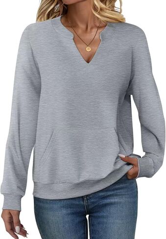 EADINVE Womens Casual Sweatshirts with Pockets Long Sleeve V Neck Lightweight Pullover Casual Loose Fit Tops Fall Clothes in Saudi Arabia