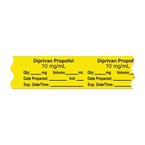 PDC Healthcare AN-2-155 "DIPRIVAN propofol 10 mg/mL" Removable Anesthesia Tape with Expiration Date, Time and Initial, 1" Core, 3/4" Width, 500" Length, Yellow, Pack of 500 in Saudi Arabia