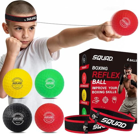 مجموعة كرات الملاكمة العاكسة SQUAD - كرات رد فعل من 4 مستويات + عصابة رأس قابلة للتعديل - سرعة التدريب والتوقيت والتنسيق بين اليد والعين - متعة آمنة للأطفال والكبار - هدية للملاكمة/فنون القتال المختلطة/كراف ماغا للتمرين المنزلي in Kuwait