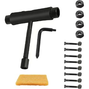 All-in-One Skateboard Tool Kit - Multi-Functional T Skate Tool with Grip Tape Cleaner, 4 pcs Axle Nuts & 8 pcs Allen Screws with Nuts Hardware Sets. for Skateboard Roller Skate Assembly & Maintenance in Kuwait