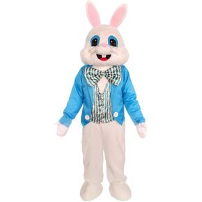 Easter Bunny mascot costume: Blue vest, plush rabbit adult character costume in Kuwait