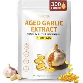 مستخلص الثوم المسن - 300 عدد 10000 مجم من مكملات الثوم المسنة للصحة اليومية وروتين صحة القلب والأوعية الدموية، غير معدلة وراثيًا، كبسولات هلامية طبيعية بالكامل، عافية مضادة للسموم النقية in Kuwait