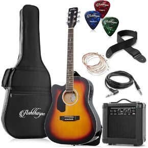 Ashthorpe Left Handed Full-Size Dreadnought Cutaway Acoustic Electric Guitar Package with 10 Watt Amp - Red in Kuwait