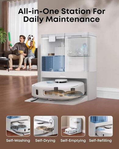 eufy X10 Pro Omni Robot Vacuum and Mop Combo، شفط 8000 باسكال، ممسحات مزدوجة مع رفع تلقائي 12 مم واكتشاف السجاد، غسيل ممسحة تلقائي، تجفيف تلقائي، تفريغ ذاتي، أبيض (متجدد مقبول) in Kuwait