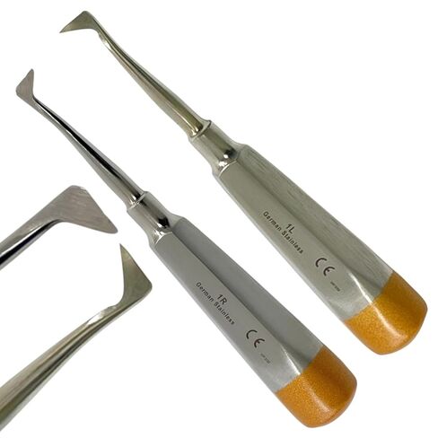 مجموعة مكونة من قطعتين من مصعد الفم للأسنان، مصعد كراير #1 لتر ومصعد كراير #1R (يسار ويمين) بأطراف ذهبية اللون - مقبض مجوف - أدوات طب الأسنان الآمنة في الأوتوكلاف - فولاذ ألماني in Kuwait