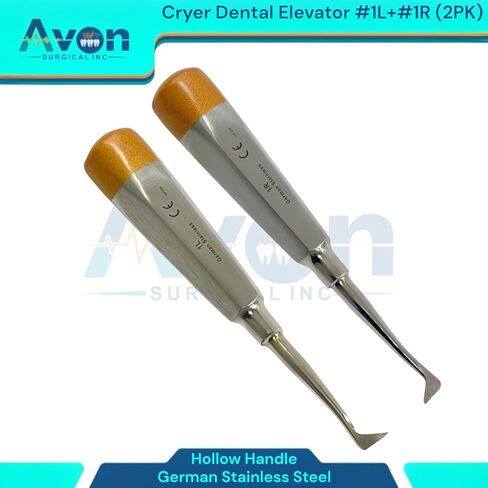 مجموعة مكونة من قطعتين من مصعد الفم للأسنان، مصعد كراير #1 لتر ومصعد كراير #1R (يسار ويمين) بأطراف ذهبية اللون - مقبض مجوف - أدوات طب الأسنان الآمنة في الأوتوكلاف - فولاذ ألماني in Kuwait