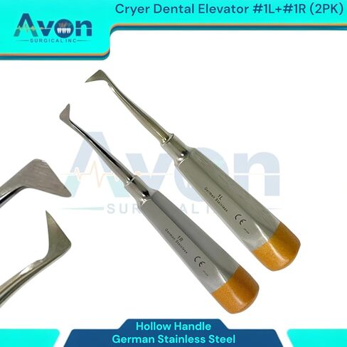 مجموعة مكونة من قطعتين من مصعد الفم للأسنان، مصعد كراير #1 لتر ومصعد كراير #1R (يسار ويمين) بأطراف ذهبية اللون - مقبض مجوف - أدوات طب الأسنان الآمنة في الأوتوكلاف - فولاذ ألماني in Kuwait