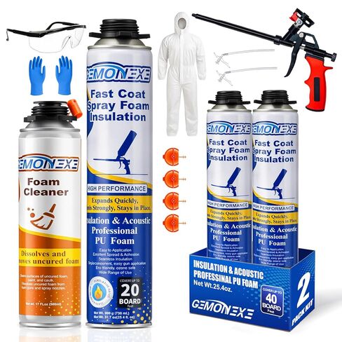 مجموعة عزل رغوة الرش 240 قدمًا / قدم مربع، خلية مغلقة واسعة من مادة البولي يوريثين DIY رغوة رش للجدران والأسقف والسندرات وأبواب المرآب (12 حزمة × 25.4 أونصة) - حرارية وعازلة للصوت، متضمنة مسدس ومنظف in Kuwait