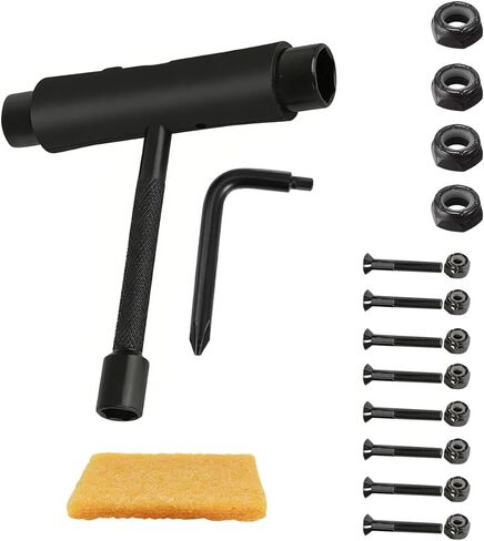 All-in-One Skateboard Tool Kit - Multi-Functional T Skate Tool with Grip Tape Cleaner, 4 pcs Axle Nuts & 8 pcs Allen Screws with Nuts Hardware Sets. for Skateboard Roller Skate Assembly & Maintenance in Kuwait