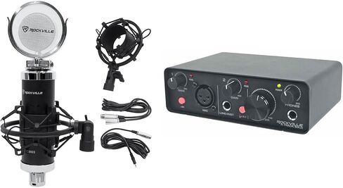 حزمة Rockville: R-Track Solo Recording USB C Audio Interface 24Bit 192Khz+Asio Drivers Bundle مع Rcm03 Pro Studio Recording مكثف ميكروفون حامل الصدمات (عنصران) in Saudi Arabia