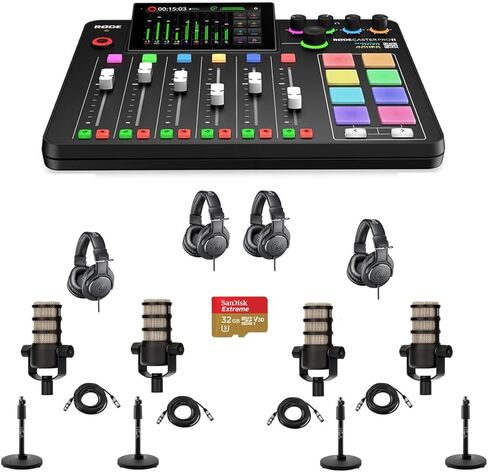 Rode RODECaster Pro II Integrated Audio Production Studio Console Bundle with 4x PodMic Microphone, TAPH500 Headphones, Mic Stand, M to F XLR Cable, 32GB microSD Card in Saudi Arabia