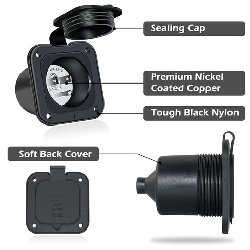 15 Amp Inlet, 125V Shore Power Inlet Power Inlet Port Plug NEMA 5-15P Male Receptacle RV Flanged Inlet with Waterproof Covers 2 Pole 3-Wire ETL Approved in Kuwait