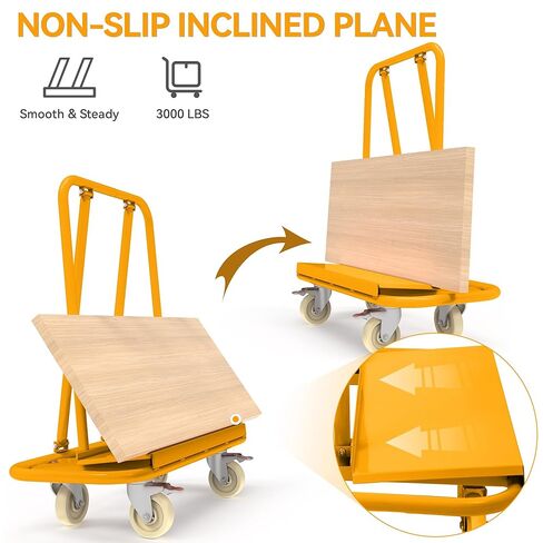 YINTATECH 3000 رطل عربة الحوائط الجافة دوللي، عربة ورق الحوائط الجافة شديدة التحمل مع 4 عجلات دوارة، لوحة دوللي للخشب الرقائقي، الألواح الصخرية، لوحات الحائط، الخشب، برتقالي in Kuwait