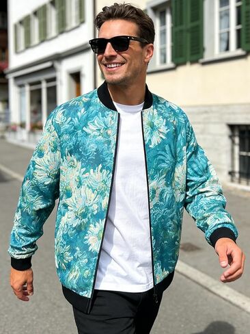 Men's Lightweight Floral Print Jacket, Spring Autumn Casual Streetwear, Slim Fit Urban Sport Coat, Machine Washable in Saudi Arabia