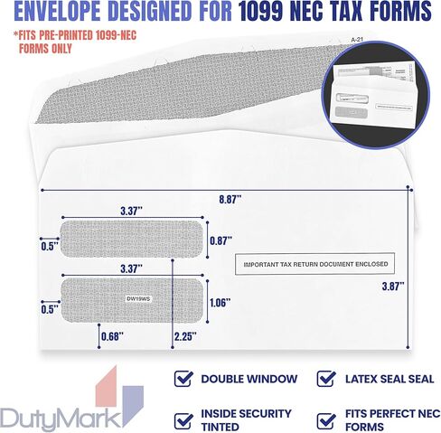 1099 NEC Tax Form Envelopes 50 Pack, Designed for Printed 1099 Forms, Gum Seal, Double-Window, Security Tinted Envelopes in Kuwait