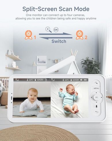 ARENTI Baby Monitor 2 Cameras, 2K Video Baby Camera with 5-Inch Upgraded Wireless Display, Super Night Vision, Lullabies, Cry & Motion Detection, Temp & Humidity Sensor, Two Way Audio in Kuwait
