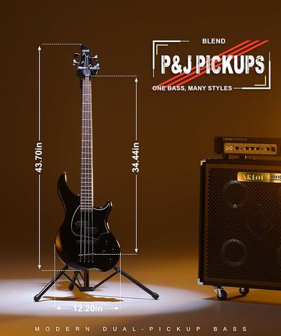 AKLOT Multi-Style Electric Bass Guitar: Precision & Jazz Dual Pickup, Roasted Maple Neck, 4-String Full Size Bass with Lesson Book, Gig Bag for Rock Pop Funk Slap, 2-Year Warranty (Helix PJ4-BK) in Kuwait