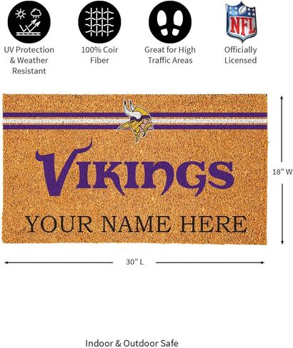 سجادة باب جوز الهند مخصصة من Team Sports America NFL Minnesota Vikings، ممسحة باب تحمل اسم مخصص مقاس 18 × 30 بوصة مع ظهر غير قابل للانزلاق، سجادات ترحيب للباب الأمامي in Saudi Arabia