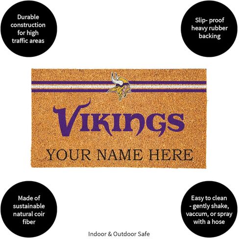 سجادة باب جوز الهند مخصصة من Team Sports America NFL Minnesota Vikings، ممسحة باب تحمل اسم مخصص مقاس 18 × 30 بوصة مع ظهر غير قابل للانزلاق، سجادات ترحيب للباب الأمامي in Saudi Arabia