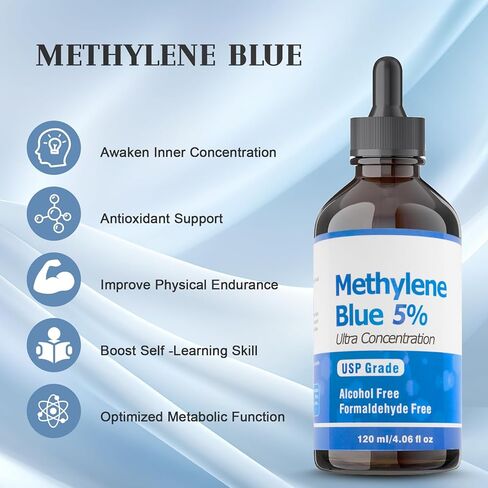 Methylene Blue Pharmaceutical Grade Drops 4.06 oz 120ml–USP Grade 5% Solution with Balanced Electrolyte Methylene Blue for Humans–No Alcohol-No Formaldehyde in Kuwait
