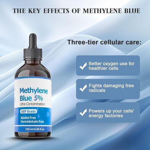 Methylene Blue Pharmaceutical Grade Drops 4.06 oz 120ml–USP Grade 5% Solution with Balanced Electrolyte Methylene Blue for Humans–No Alcohol-No Formaldehyde in Kuwait