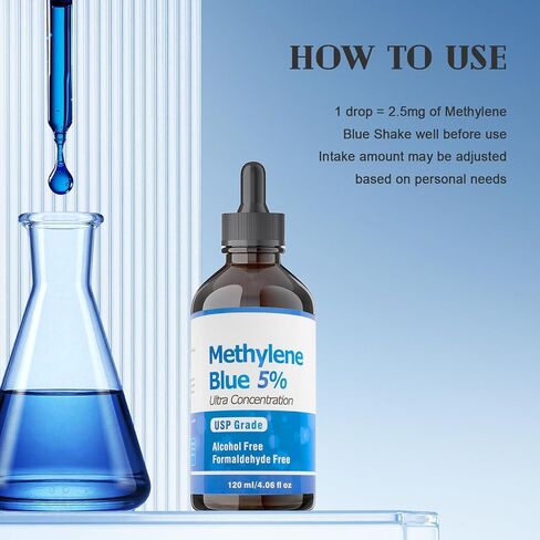 Methylene Blue Pharmaceutical Grade Drops 4.06 oz 120ml–USP Grade 5% Solution with Balanced Electrolyte Methylene Blue for Humans–No Alcohol-No Formaldehyde in Kuwait