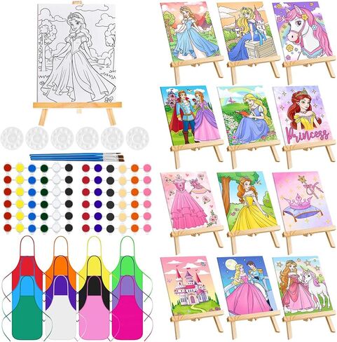 Ireer 12 Sets Kids Paint Party Kits Include 12 Princess Pre Drawn Canvas with Drawing Boards 12 Easels 12 Sets Brushes and Acrylic Paints 12 Palettes 12 Aprons for Princess Party Birthday Gifts in Kuwait
